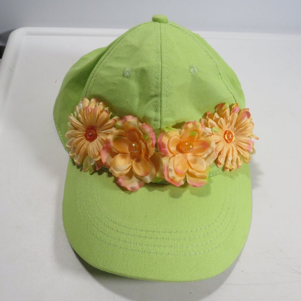 Lime green hat baseball cap with Peachy Orange silk flowers